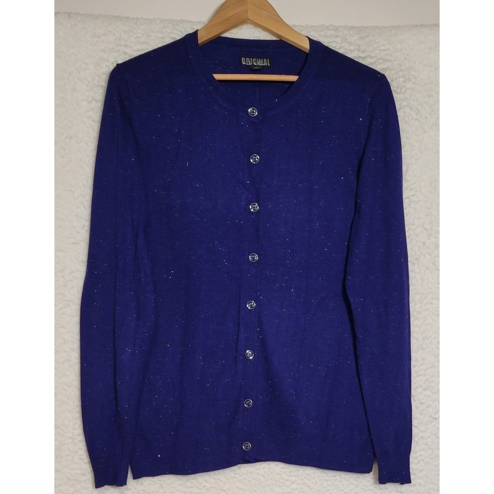 Nicole Miller Sweater Cardigan Blue Size L Button-Up Metallic Long Sleeve 1203